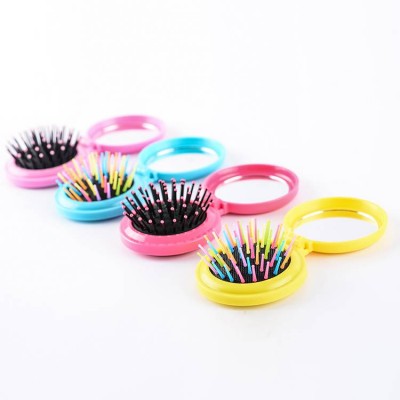 ABS plastic comb black cushion pocket round shape mirror hair brush foldable hairbrush with glass mirror